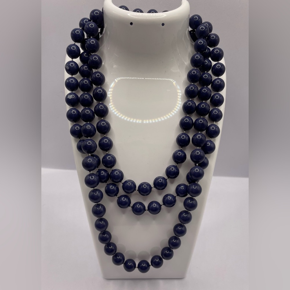 Vintage Long 52” Strand of Blue Acrylic Beads Knotted Dainty Barrel Clasp